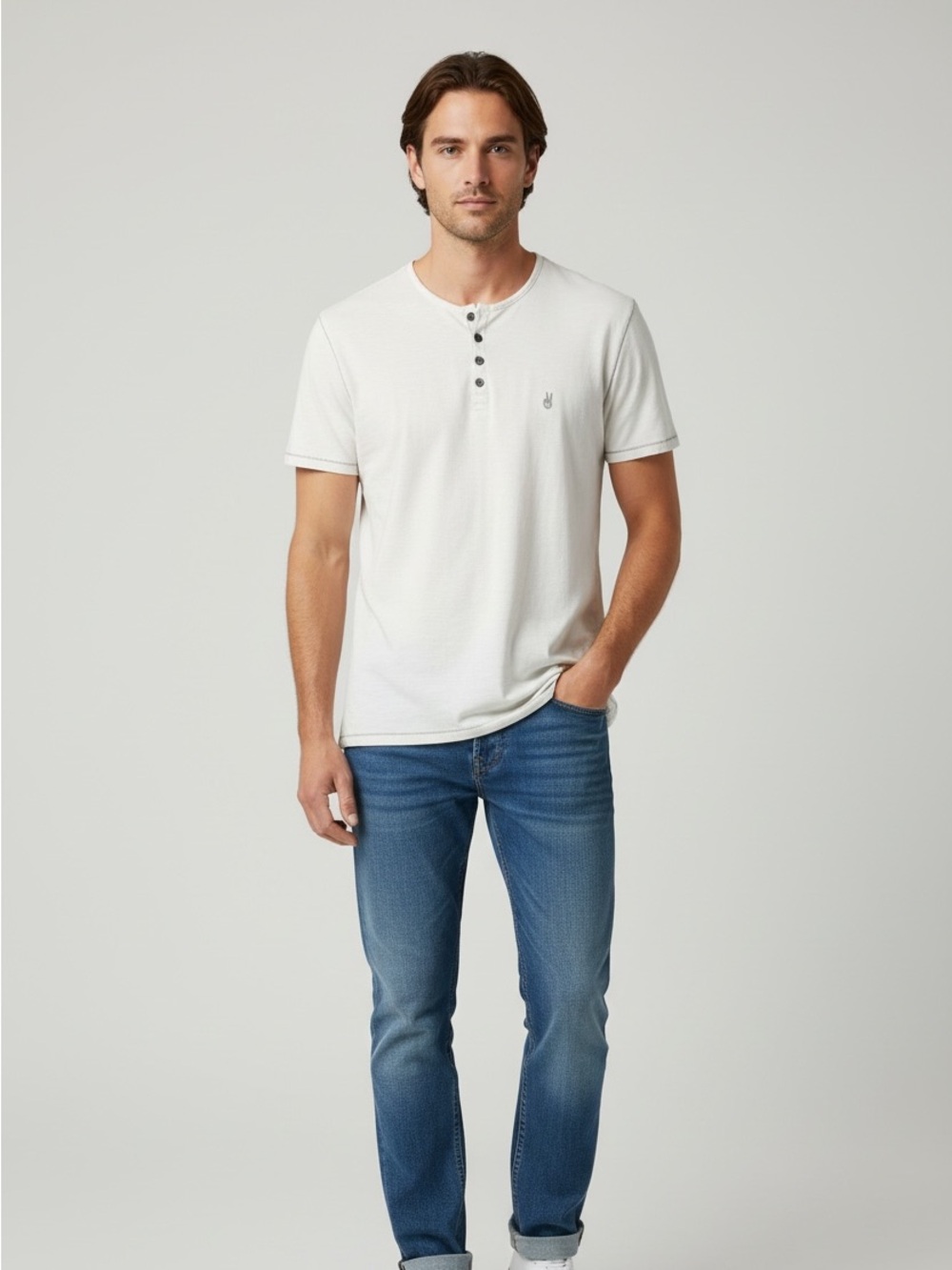 John Varvatos Henley Shirt Peace Logo Raw Edge Medium Ivory Cotton Quiet Luxury